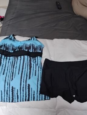 Blue & Black Printed Tankini Top with Black Swim Shorts